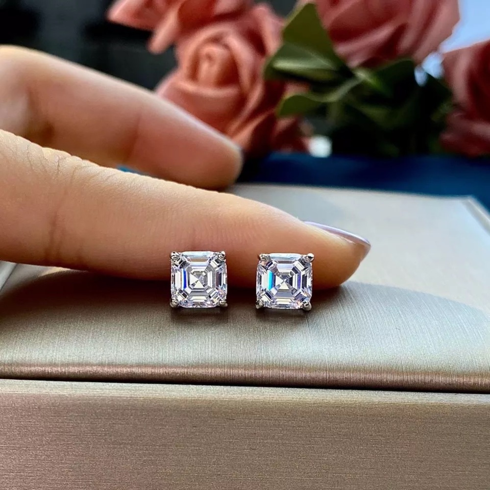 1.5Ct Sterling Silver Asscher Cut 6.43mm Classic Stud Square Diamond Studs
